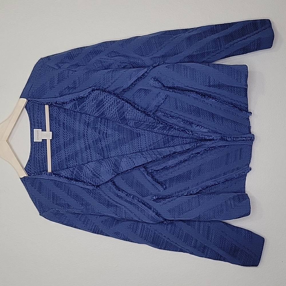 Chico's Fringe Detailed Blue Sweater Cardigan Chevron Knit Design Size L
